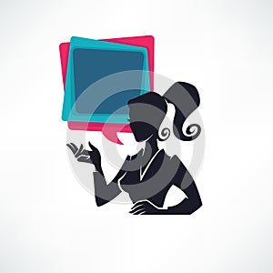 Professional chat logo, business lady silhouette and speech bubble