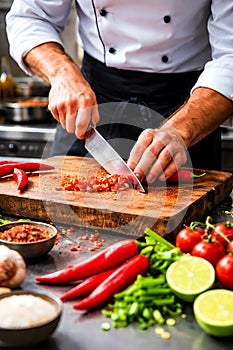 Professional Chef Chopping Fresh Red Chili Peppers In Modern Kitchen Environment