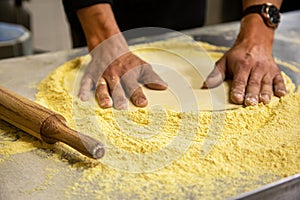 Professional chef cooking in the kitchen restaurant at the hotel, preparing dinner. A cook in an apron makes a pizza