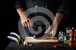 Professional chef is cutting an eggplant in the restaurant kitchen. Close-up of the hands of the cook during work. Delicious