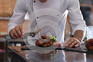 Professional chef with delicious fried chicken wings in restaurant kitchen, closeup