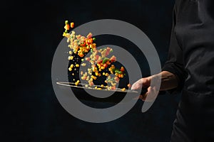 Professional chef hand throws up frying mix of corn and colored vegetables above the pan on dark blue background. Backstage of