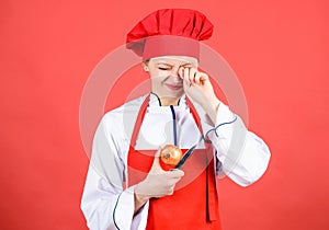 Professional chef in kitchen crying. Cuisine. woman in cook hat and apron. happy woman cooking healthy food by recipe