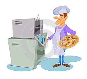 Professional chef makes pizza. Chef in a cooking hat. Cook at work. Ð¡hef cooking gourmet meal. Cartoon cook - chef in uniform.