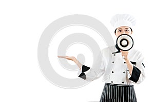 Professional chef open her hand to making gesture