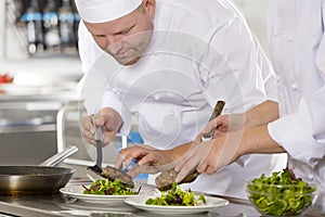 Professional chef prepare steak dish at restaurant