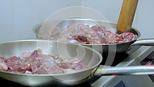 A professional chef prepares a gastronomic dish in a frying pan using ingredients and kitchen utensils. The chef is