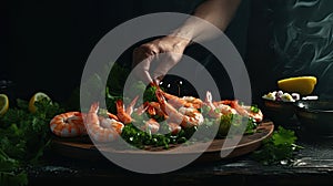 Professional chef prepares shrimps with greens. Cooking seafood, healthy vegetarian food, and food on a dark background