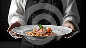 Professional chef presenting a plate of gourmet pasta with shrimp. Ideal for culinary websites and menu designs. Elegant