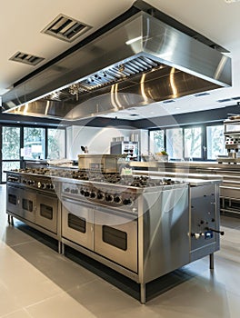 Professional chef's kitchen interior with expansive stainless steel workspaces and a robust gas cooking range.