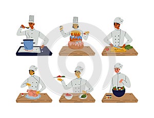 Professional chefs cooking in kitchen set. Male and female cookers preparing tasty dishes cartoon vector illustration