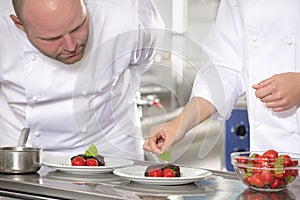 Professional chefs decorate dessert cake with lemon leaf