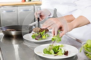 Professional chefs prepares steak dishes at restaurant