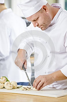 Professional chefs preparing vegetables in kitchen