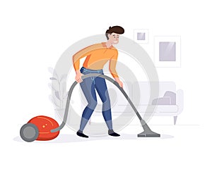 Professional cleaner cleans the house with a vacuum cleaner. Cleaning service professional duties offer conceps. Vector