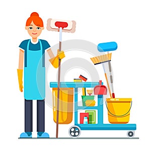 Professional cleaner woman with janitor cart photo