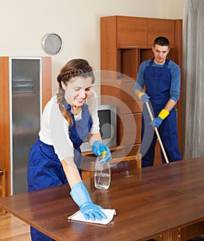 Professional cleaners dusting wooden furiture