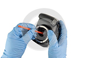 Professional cleaning of a camera housing with a swab and gloves