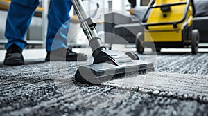 Professional cleaning service in action, vacuum cleaner on carpet, office cleaning. Modern cleaning equipment used by