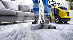 Professional cleaning service using a high-powered vacuum cleaner on a carpet in a modern home setting. Commercial
