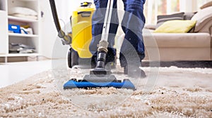 Professional cleaning service vacuuming a shag rug. Close-up of vacuum cleaner in action on soft carpet. Concept of home