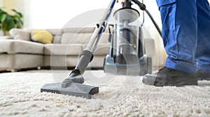 Professional cleaning service vacuuming a shag white rug. Close-up of vacuum cleaner in action on soft carpet. Concept