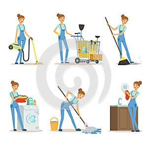 Professional cleaning service. Woman cleaner make some housework