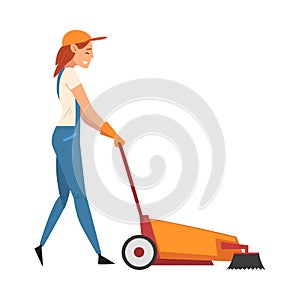 Professional Cleaning Woman Using Floor Cleaning Machine, Female Worker Character Dressed in Blue Overalls, Rubber