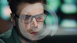 Professional coder working computer technical room closeup. Software developer