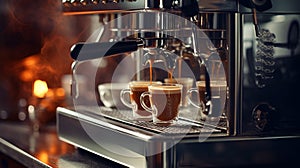 Professional coffee machine making coffee
