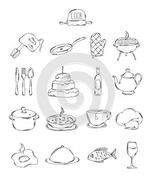 Professional collection of icons and elements. A set of cooking and kitchen hand drawn elements, , doodles on white backg