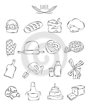 Professional collection of icons and elements. Set of culinary, baking and pastry hand drawn elements, doodles isolated on white