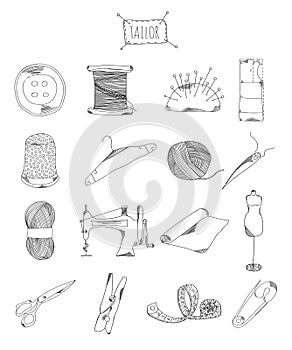 Professional collection of icons and elements. Set sewing, tailor hand drawn elements doodles on white background. Vecto