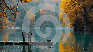 Professional color correction enhances lake fishermen scene for captivating visuals photo