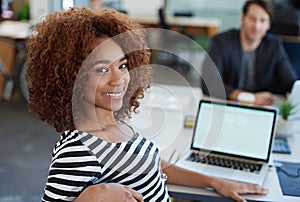 Professional, computer and businesswoman in portrait in office for creative work, career and graphic designer. Woman