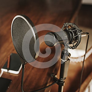 Professional condenser microphone with a pop filter in a studio