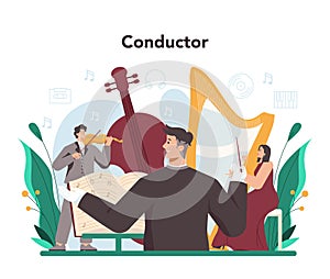 Professional conductor with musicians playing musical instruments.