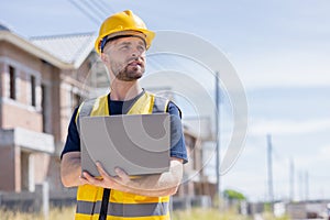 Professional construction worker engineer male. Real estate house project builder. Smart architect man standing work in