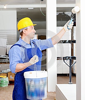Professional construction worker priming and painting wall in repairable room with painting roller
