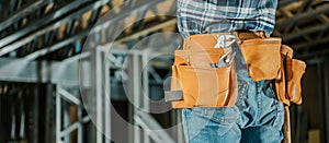 Professional Construction Worker Tools Belt Close Up