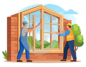 Professional Construction Workers Installing Window Frame
