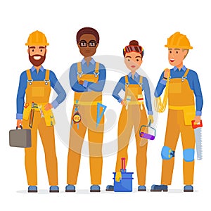 Professional construction workers specialists characters team. Friendly workers in workwear uniiform standing together