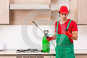 The professional contractor doing pest control at kitchen