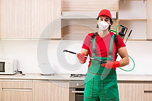 The professional contractor doing pest control at kitchen