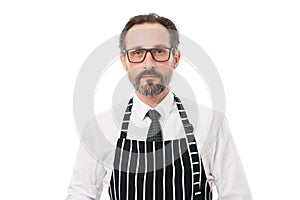 Professional cook with own business. mature male cook isolated on white. confident chef in apron. catering business