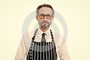 Professional cook with own business. mature male cook isolated on white. confident chef in apron. catering business