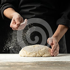 A professional cook in a professional kitchen prepares flour dough to make bio-italian pasta. concept of nature, italy, food, diet