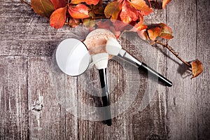 Professional cosmetics make up prducts in autumn concept on dark wooden background