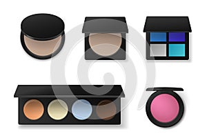 Professional cosmetics. Realistic eyeshadow or concealer palettes. Face powder and blush. Makeup products collection