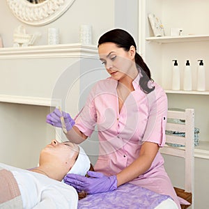 Professional cosmetologist applying cream mask of young woman in beauty salon